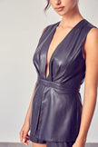 Devin romper in a black leather look is a fun and comfortable statement piece. Dress up with heels or down with combat boots. Stunning and incredibly comfortable!