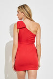 Show them up, girl! Look elegantly sleek in this Vivian one-shoulder red mini and walk right in looking like a million bucks! It features a curve-hugging wrap silhouette with a bow on left side.