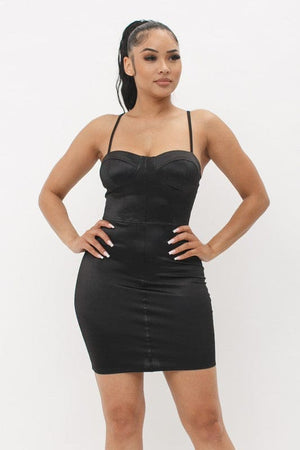 Make it a night out to remember showcasing chic style in this flattering sleek satin mini dress! Adjustable spaghetti straps top a flattering neckline and darted bodice. Fitted waist tops a sexy body con mini skirt that hugs your curves in all the right ways! Exposed silver back zipper.  Front view.