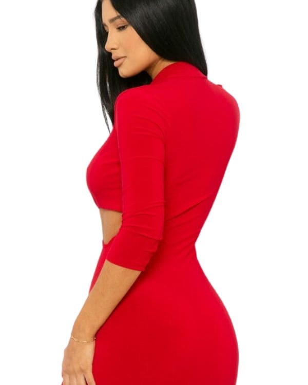 Go the glam route in the Darcy cot out  party dress to make you feel like a star at school dances, homecoming  or birthday events! She features a 3/4 sleeve, a bodycon silhouette that highlights curves, and a mini-length hem. 