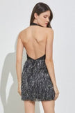 Chic and fab, this Heather fringe mini dress will showcase your curves and give off a flirty flair. This halter features a plunging neckline, high-rise waist, a mini-length hem with a chic fringe skirt, and a form-enhancing silhouette. 