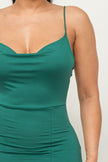 Your new favorite midi look! You will turn heads and look good in this hunter green slinky slip dress! It features a sleeveless cowl  neck, sleek spaghetti straps, a bodycon silhouette, and a short side slit. Slip-on design.