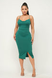 Your new favorite midi look! You will turn heads and look good in this hunter green slinky slip dress! It features a sleeveless cowl  neck, sleek spaghetti straps, a bodycon silhouette, and a short side slit. Slip-on design. Front view.