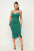 Your new favorite midi look! You will turn heads and look good in this hunter green slinky slip dress! It features a sleeveless cowl  neck, sleek spaghetti straps, a bodycon silhouette, and a short side slit. Slip-on design. Front view.