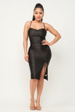 Receive compliments all night in this satin party dress! It features a sleeveless cowl neckline, tank shoulder straps, a flattering bodycon silhouette, and a front ruched seam atop a slit on the mini-length hem. Nights out are always better when you slip into a look that boost your confidence!  Front view.