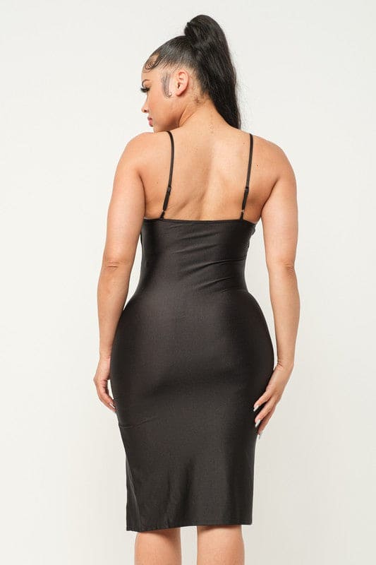 Receive compliments all night in this satin party dress! It features a sleeveless cowl neckline, tank shoulder straps, a flattering bodycon silhouette, and a front ruched seam atop a slit on the mini-length hem. Nights out are always better when you slip into a look that boost your confidence!  This is the rear view.