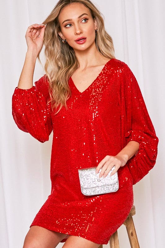 red sequin puff sleeve dress Mermaid Long Red Puff Sleeves Prom Dress Sparkly Sequined with Side Sl