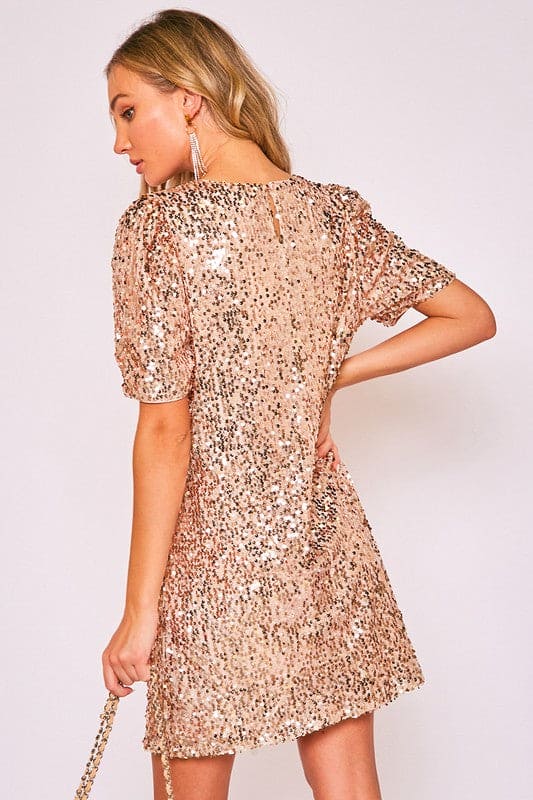 gold sequin cap sleeve dress Voncos Dress for Women- V-Neck Party Camisole Dress Sequin Short Sleeve Short Dress Fashion Casual Printed Dress Gold 8