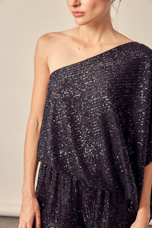 Reagan Black Sequin  One Shoulder Romper