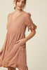 Our round-neck babydoll dress by Listicle featuring puffed sleeves with elastic cuffs with cord accent, back buttoned closure and a full, flirty ruffled hem. Wear as is, or add definition to the elasticized waist using a fashionable belt. This signature style is crafted from textured woven fabric, fully lined and is cut to a flattering loose fit for a playful yet sophisticated look.Side view shows pockets tucked into the side of the skirt.. www.hoytietoytie.com