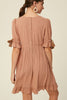 Our round-neck babydoll dress by Listicle featuring puffed sleeves with elastic cuffs with cord accent, back buttoned closure and a full, flirty ruffled hem. Wear as is, or add definition to the elasticized waist using a fashionable belt. This signature style is crafted from textured woven fabric, fully lined and is cut to a flattering loose fit for a playful yet sophisticated look.Rear view shows a four button closure. www.hoytietoytie.com
